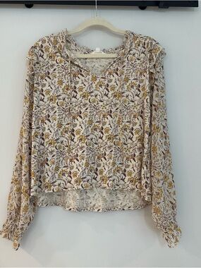 Lucky Brand Floral V-Neck Blouse in Cream, Mustard and Brown